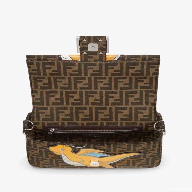 Cheap HOT Yellow Dragon Fendi Brown FF Fabric Baguette Bag Medium In Motif Pokmon 0812